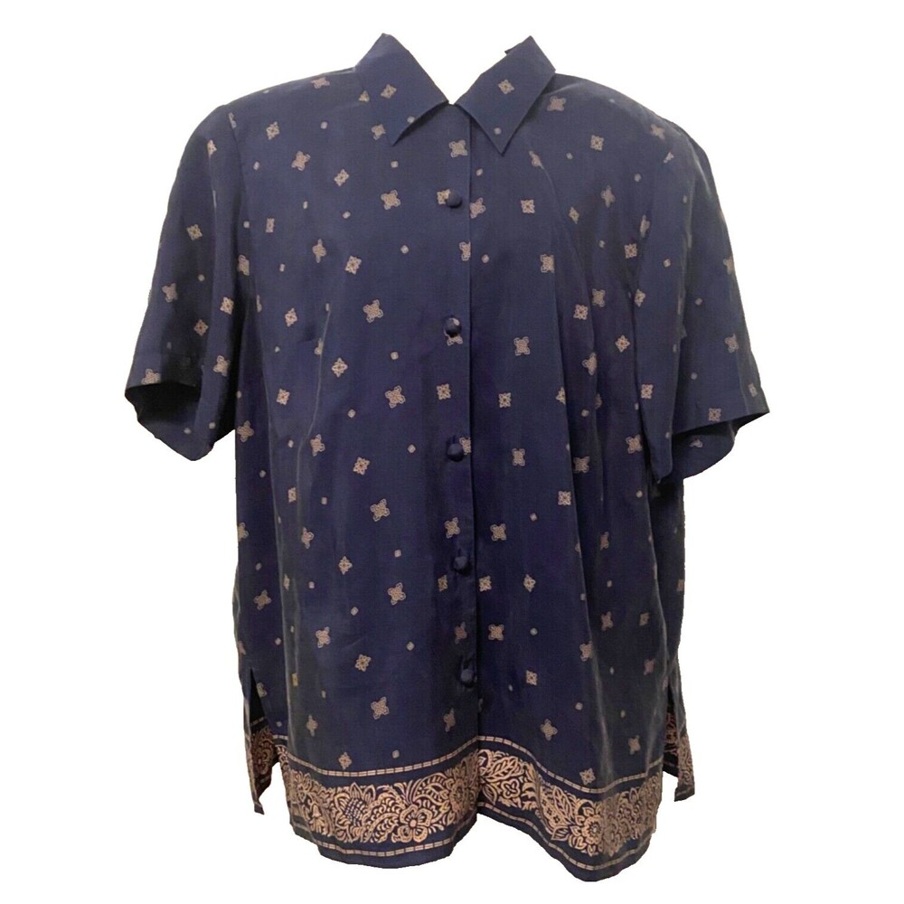 Vtg CHAUS 100% Silk Shirt Women's Sz 20 Button Up Blue Gold Floral Shoulder Pads